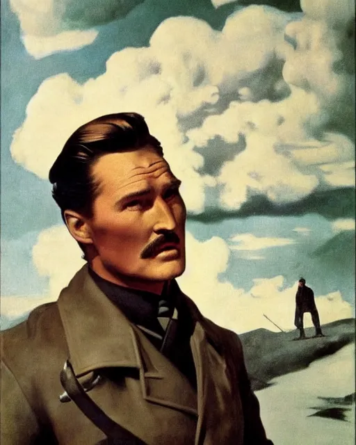 Image similar to Errol Flynn as a scientist. 1980s dystopian Soviet Russia, propaganda screens. Fantasy art by Gustave Courbet, Rosa Bonheur, Edward Hopper. Faithfully depicted facial expression, perfect anatomy, sharp focus, global illumination, radiant light, detailed and intricate environment, trending on ArtStation