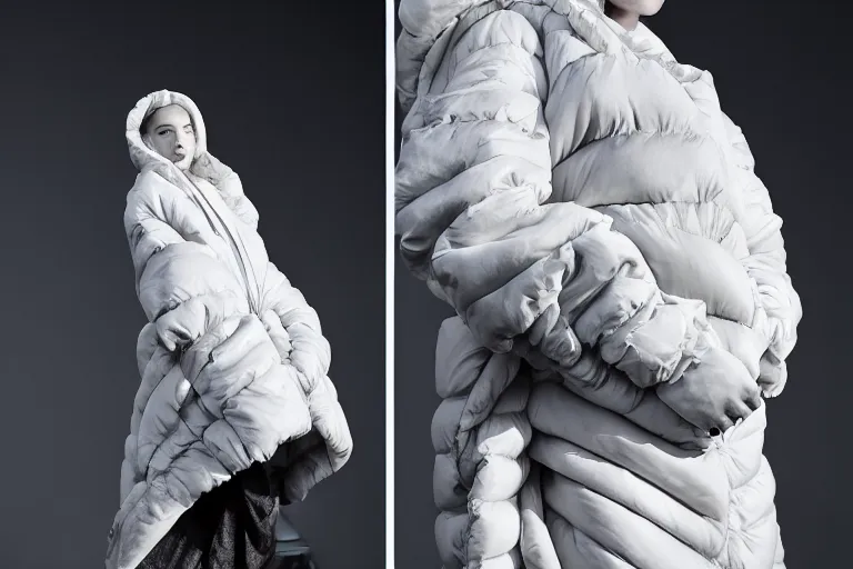 Image similar to well lit fashion shoot portrait of extremely beautiful female marble statue wearing huge over size puffer jacket by dingyun zhang, yeezy, balenciaga, vetements, a cold wall, sharp focus, clear, detailed,, cinematic, detailed, off white, glamourous, symmetrical, vogue, editorial, fashion, magazine shoot, glossy