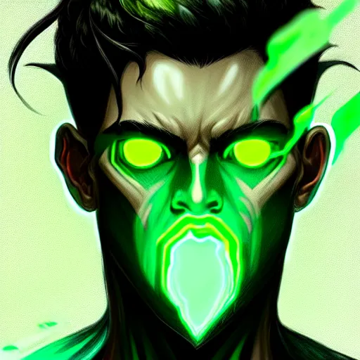 Image similar to a highly detailed portrait of a man with dark green hair and green glowing eyes, high detail clothing, concept art, anime, artstation, professional