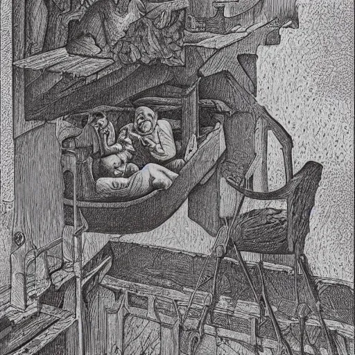 Prompt: once upon a midnight dreary, while i pondered, weak and weary, over many a quaint and curious volume of forgotten lore, while i nodded, nearly napping, suddenly there came a tapping, painting by escher, 8 k,