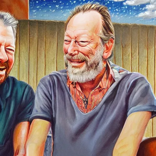 Image similar to portrait of eric clapton with david gilmour, joyful, highly detailed painting by akira toriyama, 8 k