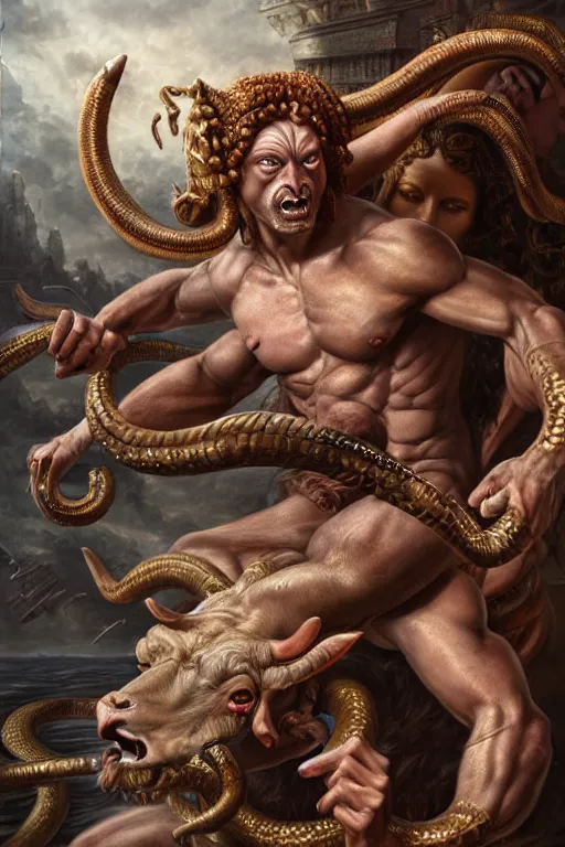 Image similar to minotaur vs medusa gorgon, realistic, detailed, highly detailed, hyper detailed, high definition, extremely detailed oil painting, beautiful composition, trending on artstation, award - winning photograph, masterpiece, intricate, portrait, 8 k highly professionally detailed, hdr, cgsociety