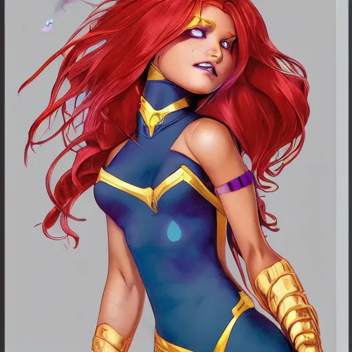 Prompt: Render of a cute 3d Starfire from Teen Titans (TV Series 2003-2006), intricate, elegant, highly detailed, digital painting, artstation, concept art, smooth, sharp focus, illustration, art by artgerm and greg rutkowski and alphonse mucha and loish and WLOP, soft smile, golden hour, beach setting, medium shot, mid-shot, trending on Artstation, Unreal Engine 4k
