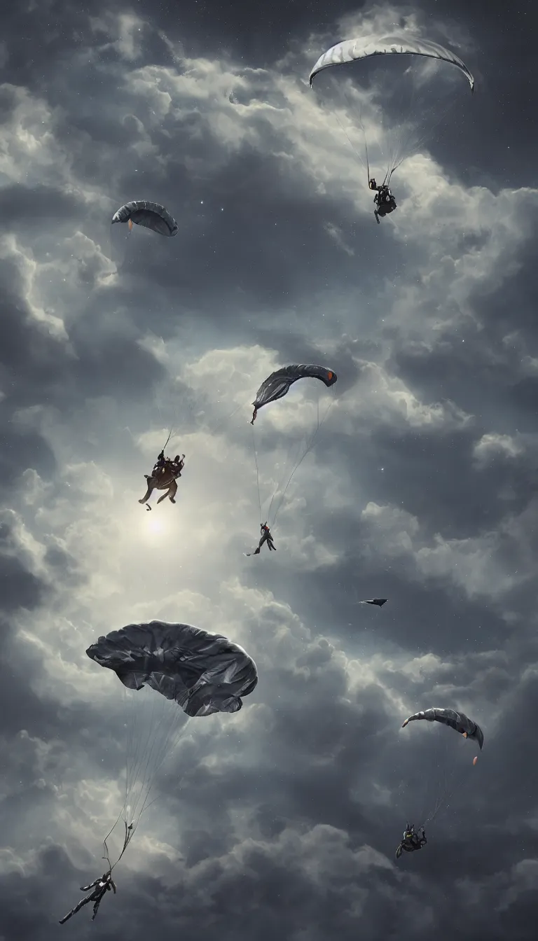 Prompt: an epic art of a single man flying into deep sky with parachute, artstation, digital painting, highly detailed, 8k