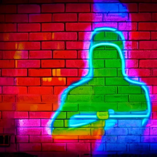 Image similar to a neon rainbow darth vader as grafitti on a brick wall.