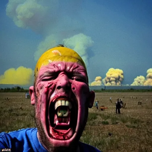 Image similar to selfie of a ukrainian screaming in pain and terrible injuries from a nuclear explosion, everything is on fire and radiation, in the background there are a lot of people like zombies, corpses and skeletons, a large nuclear explosion in the background, people are painted in yellow and blue, all dirty with severed limbs, doomsday