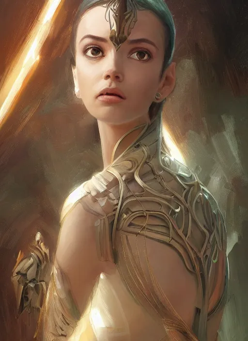 Image similar to a professional painting of a beautiful young female alien, clothed in ethereal armor, olive skin, long dark hair, beautiful bone structure, symmetrical facial features, intricate, elegant, digital painting, concept art, smooth, sharp focus, illustration, from Valerian and the City of a Thousand Planets, by Ruan Jia and Mandy Jurgens and Artgerm and William-Adolphe Bouguerea