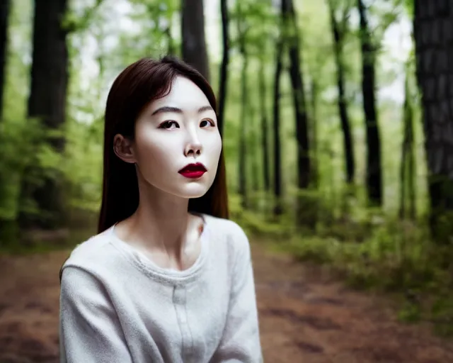 Image similar to close up portrait of an korean woman with beautiful face and modern clothes standing outside of an old cabin, forest in the background, bokeh, depth of field, dramatic lighting, cinematic, vivid colors, matte painting, vivid color scheme