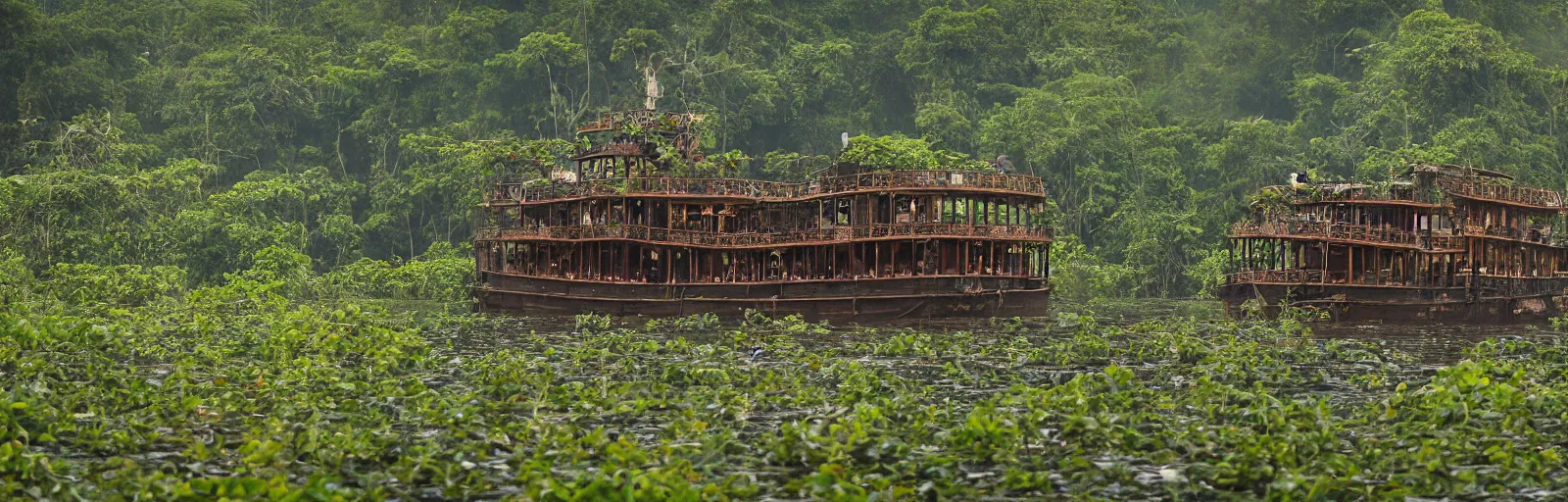 Prompt: A wooden, beautiful 1880's steamboat overgrown with intricate vines, flowers, snakes, anacondas and exotic vegetation floating down on the Amazon river. Faint lights from inside the ship. Steam. Birds circulating. The boat looks like an island. Ecosystem. Beautiful close up photo by National Geographic. Wide lens. Photo by Roger Deakins. Photorealistic. Sunset. Volumetric lights. Mist. hyper-maximalistic, with high detail, cinematic, 8k resolution, beautiful detail, insanely complex details.