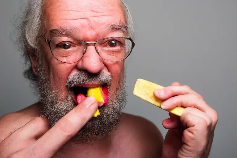 Image similar to A Martin Parr closeup portrait of Socrates eating a popsicle, in the style of Martin Parr The Last Resort, ring flash closeup photograph