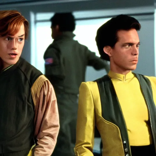 Prompt: Cole Sprouse cameos in Star Trek Deep Space Nine, photoshoot in the transporter room 35mm