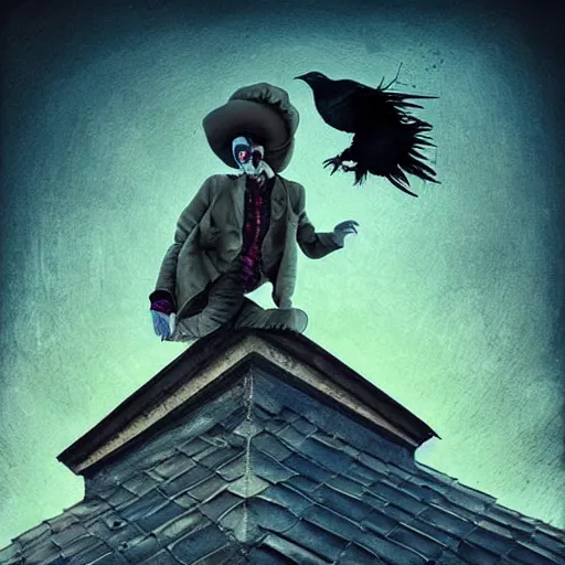 Image similar to a clown on the roof of the church playing with crows, by android jones and m. c. escher collaboration, futurist, digital art, dramatic lighting, symbolic