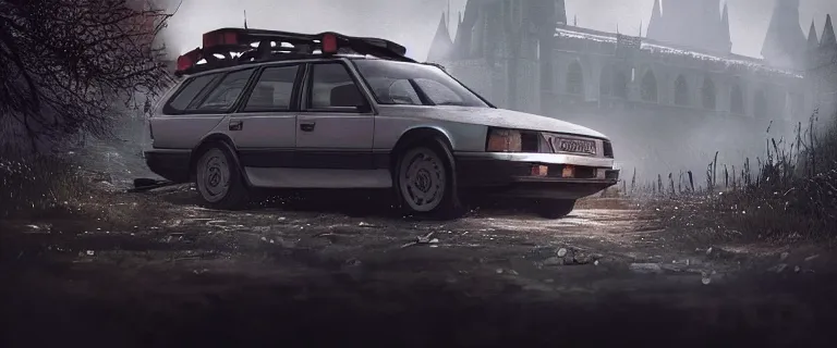 Image similar to Armored and Armed Audi 80 B3 Avant (1988) with a mounted M249, Dark Souls 3, a grim fantasy, Anor Londo, dramatic lighting, cinematic, establishing shot, extremely high detail, photorealistic, cinematic lighting, artstation, by simon stalenhag