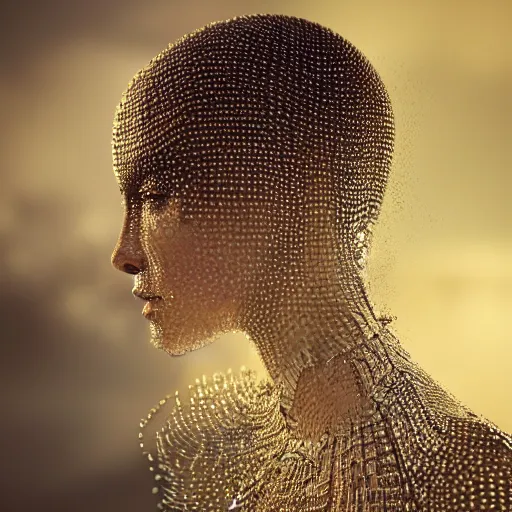 Image similar to full shot of a regal brown woman wearing an intricate and detailed armor made of thousands of dew drops. refracted light. reflections. morning dew.. delicate. translucent. no makeup!! haunting eyes. vulnerable. fragile. ethereal. refracted light. by louise dahl - wolfe. by michal karcz. octane render