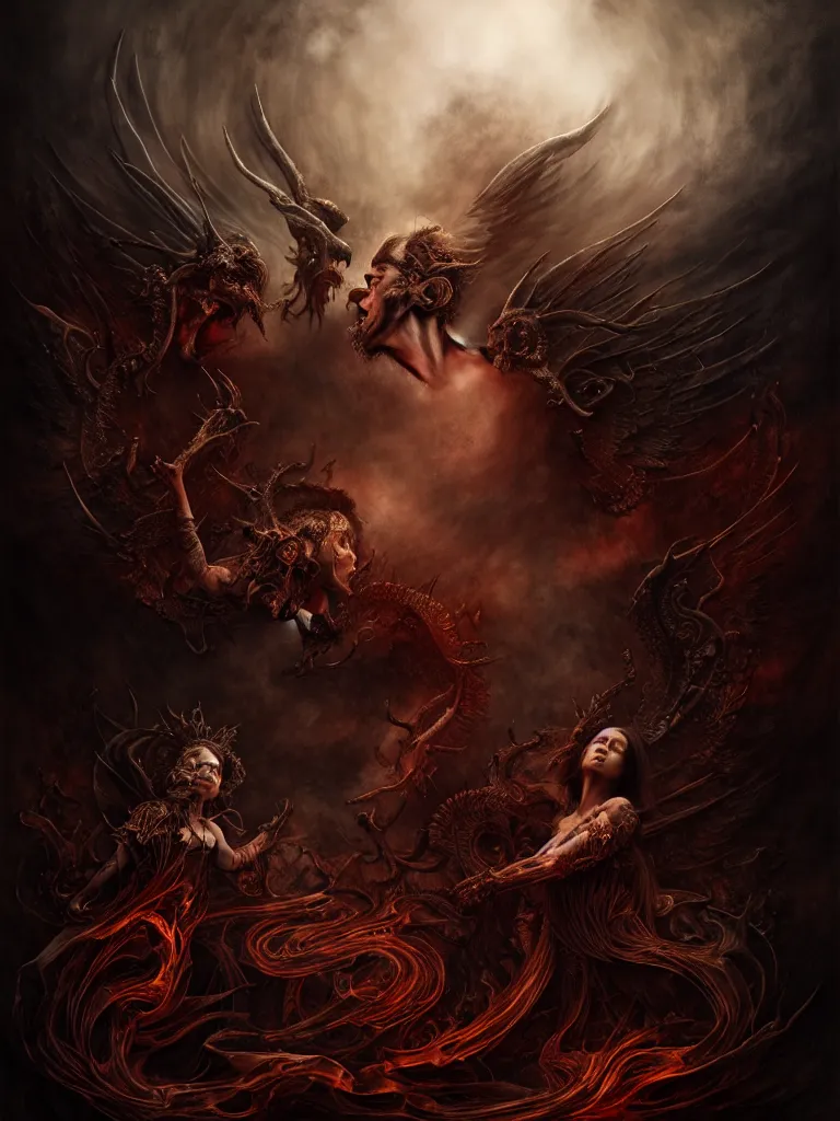 Image similar to epic professional digital art the war between heaven and hell, horrific yet beautiful vibe, evocative, atmospheric lighting, painted, intricate, highly detailed, by leesha hannigan, wayne haag, reyna rochin, ignacio fernandez rios, mark ryden, iris van herpen, artstation, cgsociety, stunning, gorgeous, sharp focus, cinematic, masterpiece