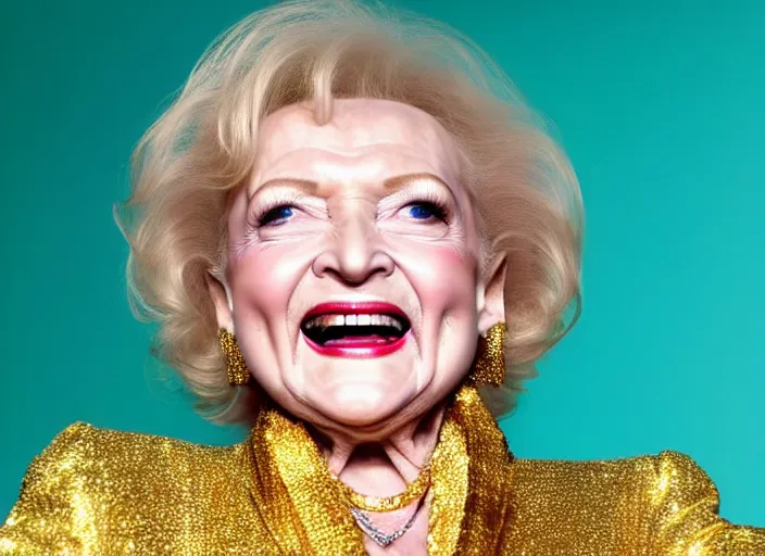 Image similar to publicity photo still of betty white as a gangsta rapper covered in gold chains, with grills in teeth and wearing a jumpsuit live on stage, 8 k, live concert lighting, mid shot