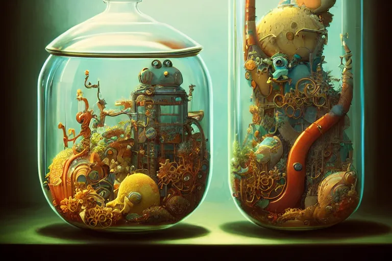 Prompt: collection of animals inside glass jars, moody :: by studio ghibli, beeple and James Gilleard and Justin Gerard :: ornate, dynamic, particulate, rich colors, intricate, elegant, highly detailed, centered, artstation, smooth, sharp focus, octane render, 3d