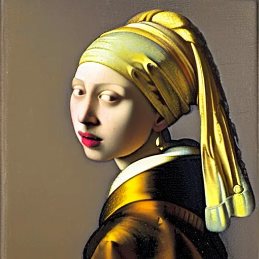 Image similar to An oil painting tronie of a European girl wearing an exotic gold dress, an oriental blue and gold turban, and a very large pearl as an earring, against a dark background, by Johannes Vermeer, 1665.