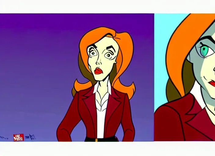 Prompt: dana scully in dragon's lair, shaded cartoon cel, animation model, sharp detail, thin linework, in the style of don bluth, filmation, toei animation, studio trigger, 5 k, hd