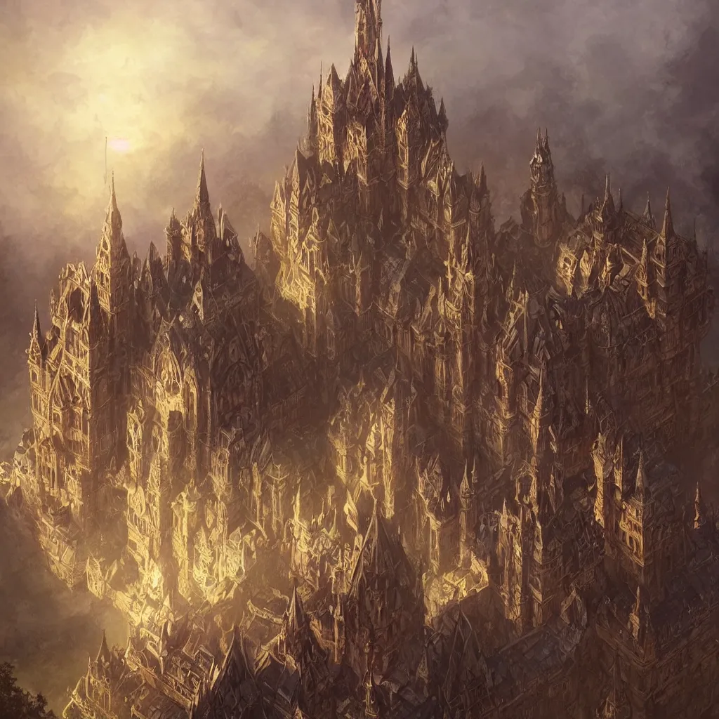 Prompt: a wide angle view of an evil castle, D&D, fantasy, intricate, elegant, highly detailed, digital painting, artstation, concept art, smooth, sharp focus, illustration, art by artgerm and greg rutkowski and alphonse mucha