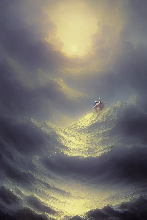 Image similar to A stunning detailed water deity by Ivan Aivazovsky, Peter Mohrbacher , Greg Rutkowski, stormy ocean, beautiful lighting, full moon, detailed swirling water tornado, artstation
