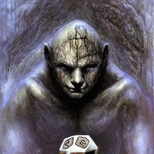 Image similar to Golem with a 12 sided dice as head. Dark Fantasy, concept art, art by Luis Royo