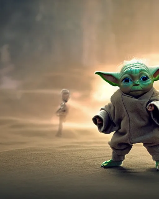 Image similar to baby yoda holding a tiny glowing lightsaber, rides an armored corgi dog, hyperreal, sand people, star wars filmed in the style of cinematographer gilbert taylor