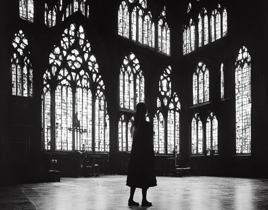 Image similar to a highly detailed unreal engine symmetric portrait of a gothic girl in a richly decorated church with a wet floor and light coming in through the stained windows, boke, tilted frame, henry cartier bresson