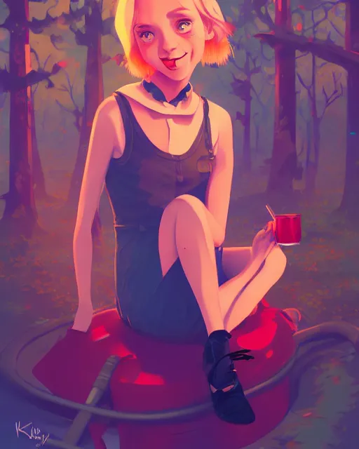 Image similar to digital illustration of pretty girl with short blonde hair hair, from alice in wonderland, smoking, happy eyes, smiling, in a wonderland forest, in junkyard at night, by ilya kuvshinov, lois van baarle, rossdraws, basquiat