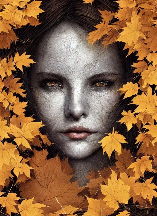 Image similar to golden leaves at frame border, creative!!! composition for a book cover!!!, absurdly beautiful, ultrafine hyperrealistic detailed old witch face by wlop and artgerm and greg rutkowski, intricate linework, sharp focus, smooth, octopath traveler, final fantasy, unreal engine, dramatic lighting, ethereal, 8 k