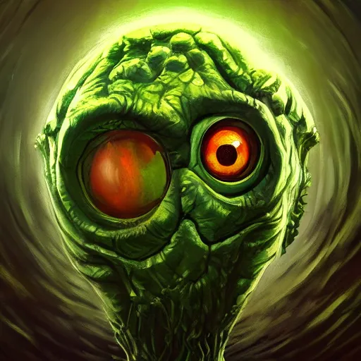 Image similar to a big one - eyed bumpy wrinkly ball sphere green pea, with boney arms and a single yellow eye of sauron, lovecraft, trending on artstation, 4 k, video game art, oil painting