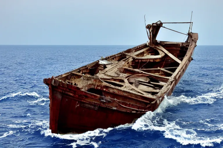 Prompt: high quality photo of old rusty ship in the middle of ocean