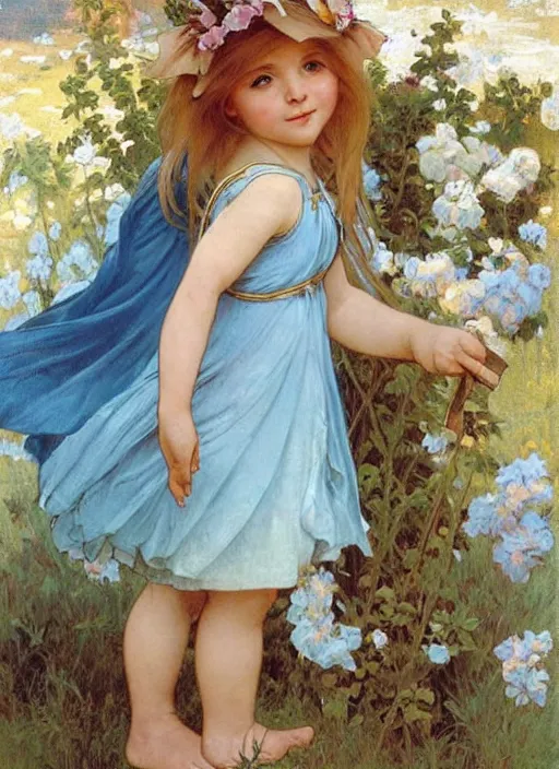 Prompt: a cute little girl with long golden blonde hair wearing a sky blue summer dress smiles in the square of a french village, beautiful painting by artgerm and greg rutkowski and alphonse mucha