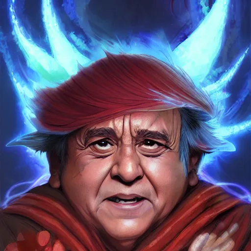 Image similar to anime portrait of Danny Devito as a shaman yedi using dark force to eliminate trump as an anime antagonist by Stanley Artgerm Lau, WLOP, Rossdraws, James Jean, Andrei Riabovitchev, Marc Simonetti, and Sakimichan, trending on artstation