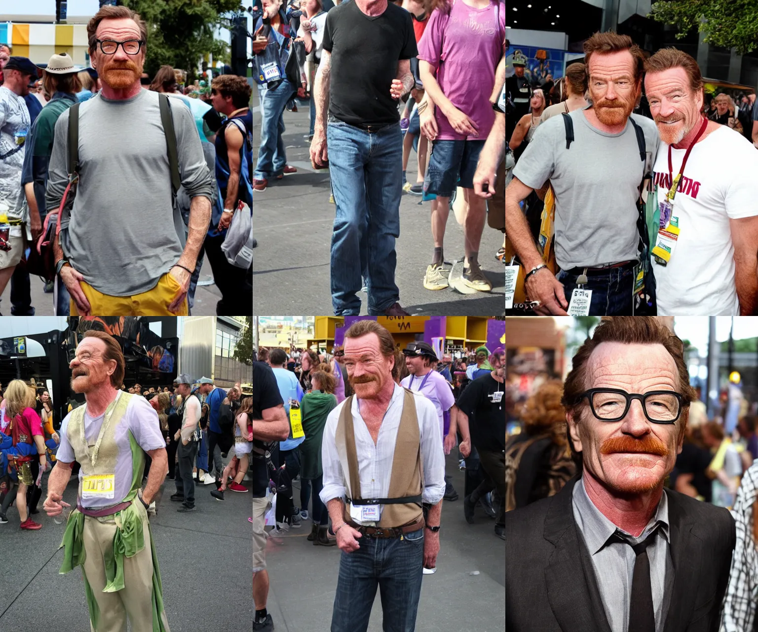 Prompt: candid street photograph of Bryan Cranston at ComicCon dressed as Rapunzel