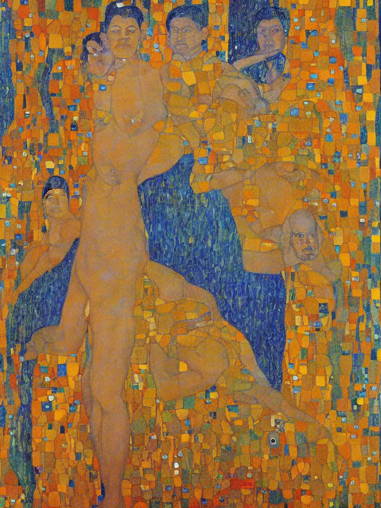 Image similar to a beautiful portrait painting of Mohandas Karamchand Gandhi! in front of the whole world united in the art style of Gustav Klimt, impasto oil painting, blue and golden color scheme