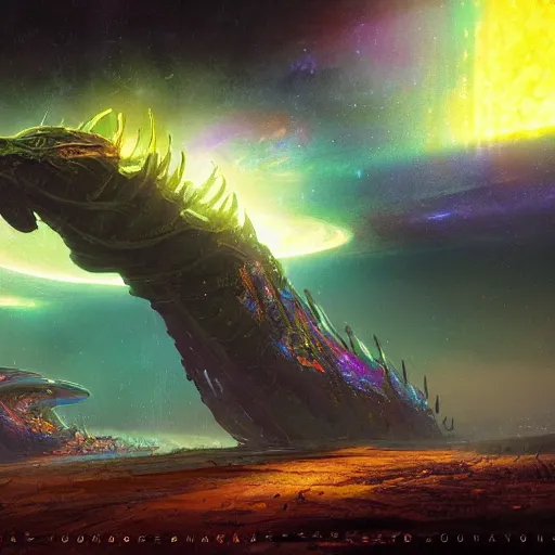 Prompt: matte digital artwork of the galactic beast, iridescent scales, by greg rutkowski and tim white