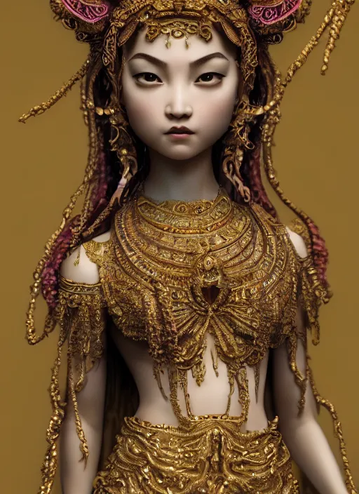 Prompt: a photo - real delicate sculpture of an ornate detailed oriental girl in front of a intricate background by aj fosik, micro detail, backlit lighting, octane renderer, colorful, physically based rendering, tribal art, trending on cgsociety