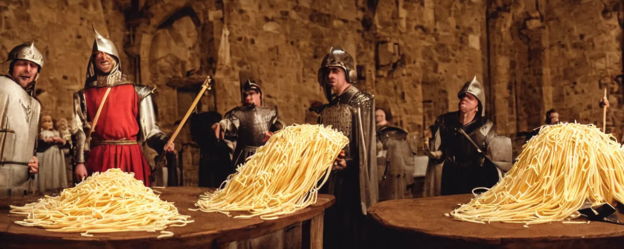 Image similar to knights protecting a giant mound of spaghetti, in a medieval castle, canon 5 0 mm, super detailed face, facial expression, cinematic lighting, photography, retro, film, kodachrome