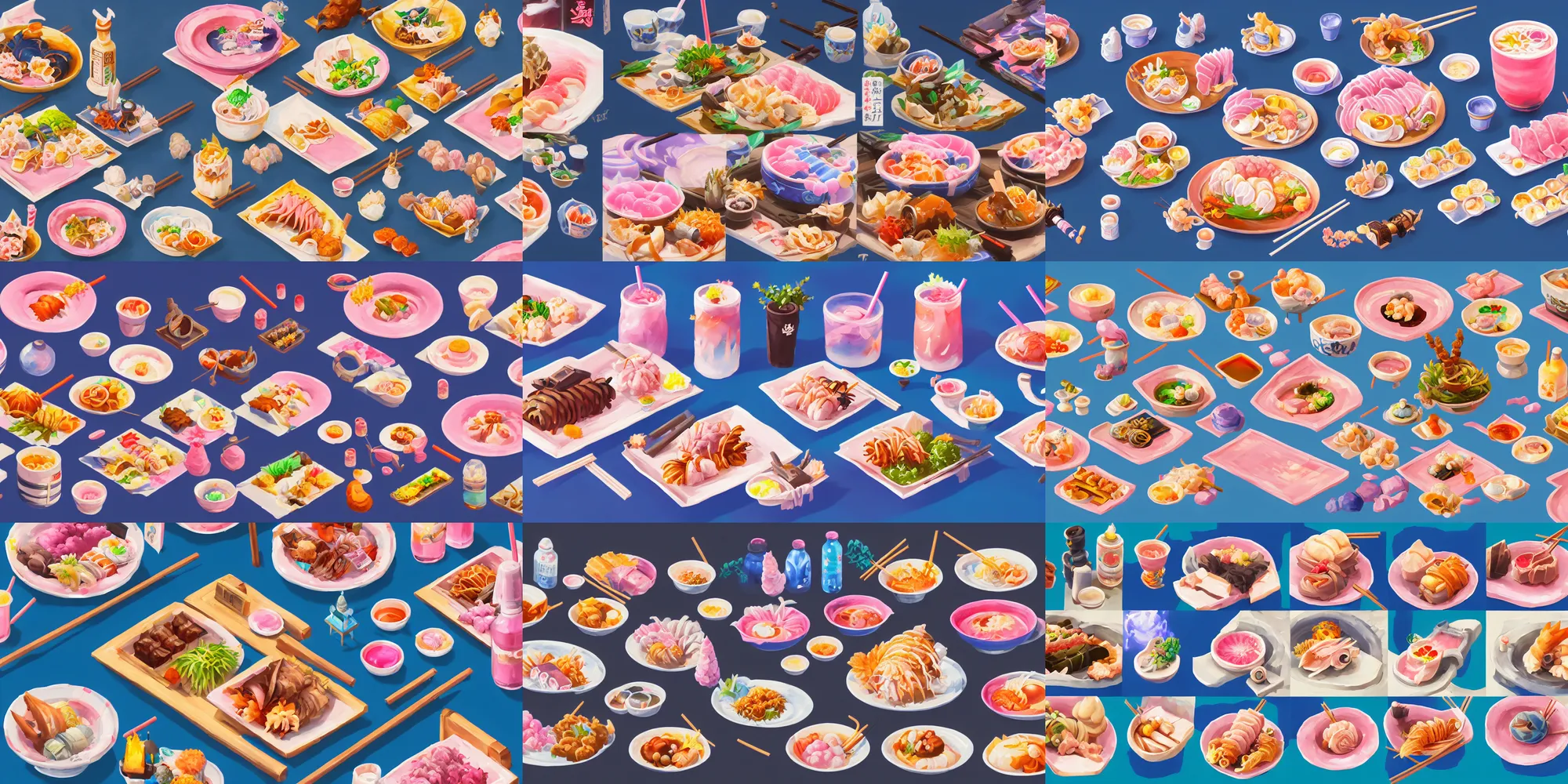 Prompt: game asset of close up japanese food and drinks, in gouache detailed paintings, props, stylized, 2 d sprites, kitbash, arcane, overwatch, blue and pink color scheme, 8 k, close up