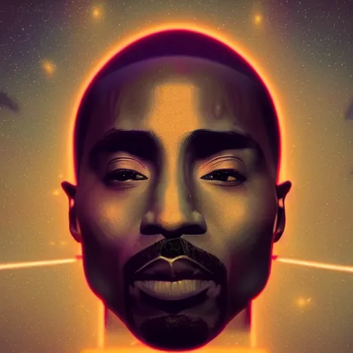 Image similar to giant tupac head shooting lasers from eyes by beeple, art station, perfect lightning, detailed