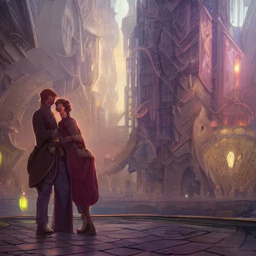 Image similar to a young couple hugging each other in a solarpunk city, D&D, fantasy, intricate, elegant, highly detailed, digital painting, artstation, concept art, matte, sharp focus, illustration, hearthstone, art by Artgerm and Greg Rutkowski and Alphonse Mucha