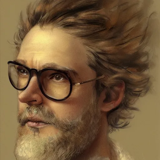 Prompt: portrait of 4 0 year old man wearing glasses and fuzzy hair by jean - baptiste monge, high quality, high resolution, 4 k, painted by cgsociety, rutkowski, gurney