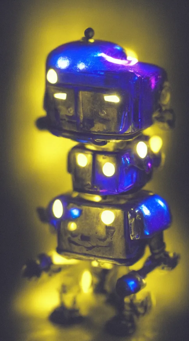 Image similar to tiny robot in the dark, hrd, hyperrealistic, hyper detailed, tiny, lights, yellow, purple, blue, top hat, moustache, dusk