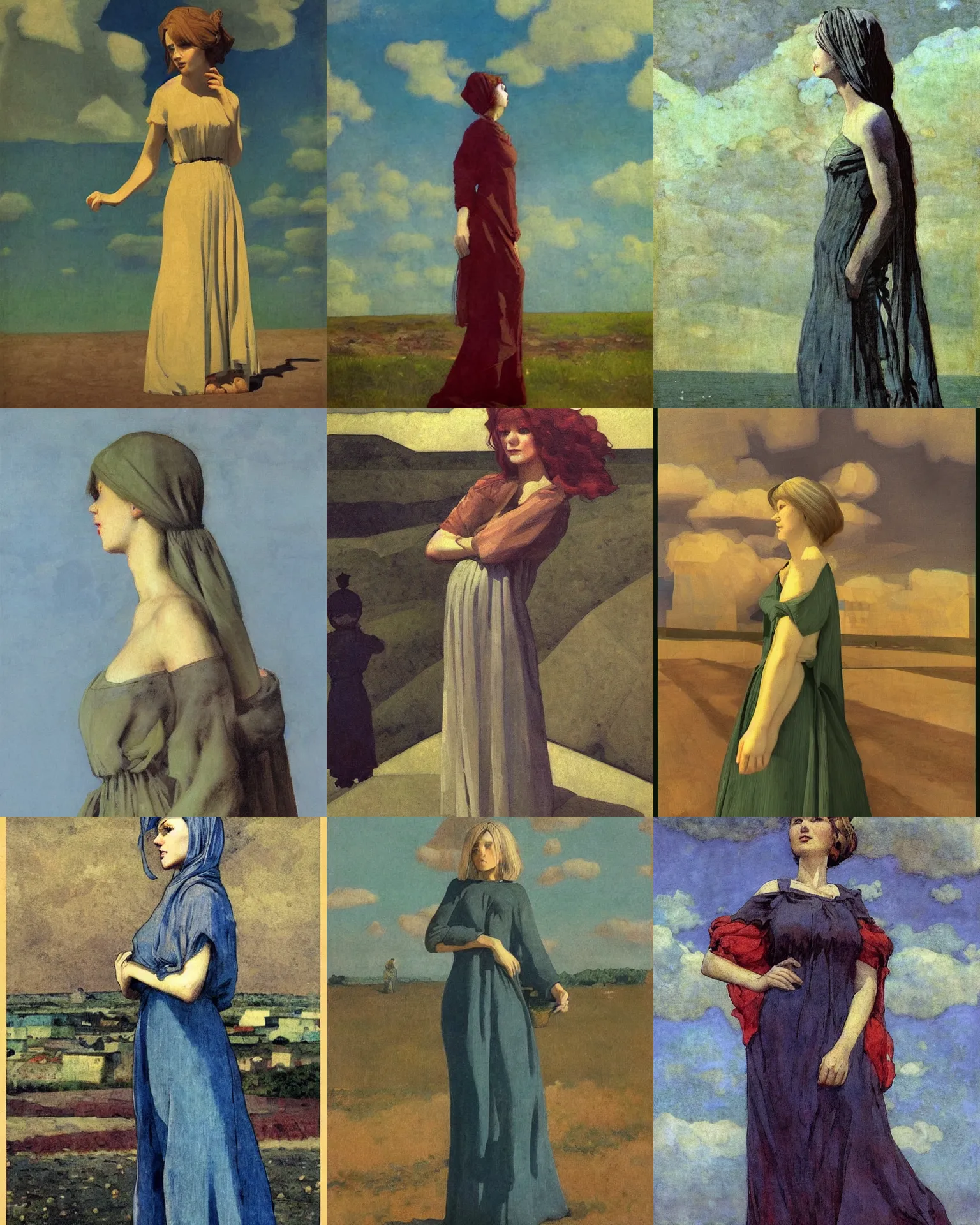 Prompt: woman portrait, female figure in maxi dress, sky, thunder clouds modernism, low poly, low poly, low poly, industrial, soviet painting, social realism, barocco, ilya repin style, john bauer style, anime,