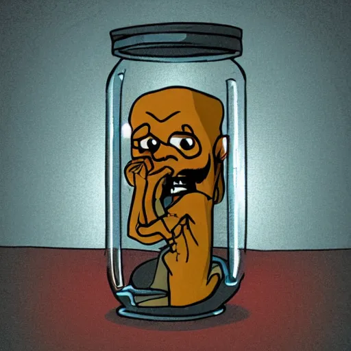 Image similar to a scared man trapped in a jar