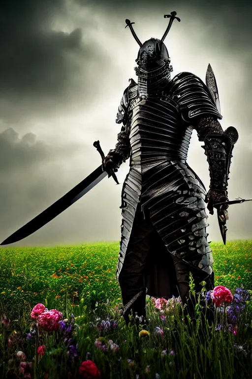 Image similar to hyperrealistic neo - gothic cinematic monster with armor holding sword in a field of flowers, highly detailed smooth digital art masterpiece, vitaly bulgarov dramatic low light, ground angle uhd 8 k, sharp focus