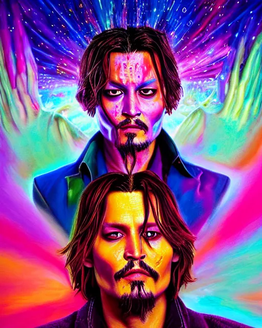 Prompt: portrait ultra dimensional johnny depp entity, accidentally tripping on dmt and acid, psychedelic experience, overwhelming psychosis of self realization and burning awakening, ultra high definition, unreal engine 5, hyperrealism, masterpiece composition, by casey weldon, barclay shaw 8 k photorealistic