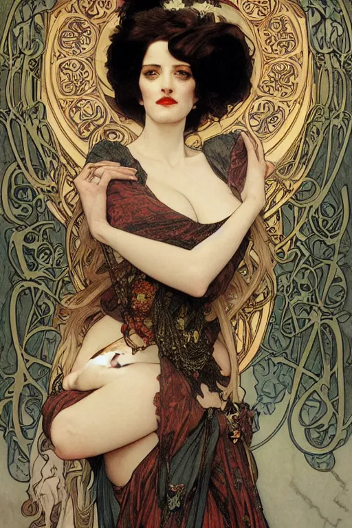 Prompt: realistic detailed face portrait of charlatan Eva Green by Alphonse Mucha, Ayami Kojima, Amano, Charlie Bowater, Karol Bak, Greg Hildebrandt, Jean Delville, and Mark Brooks, Art Nouveau, Neo-Gothic, gothic, rich deep moody colors