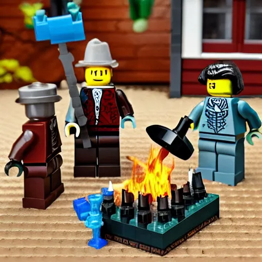 Image similar to Salem witch trials Lego set, burning at the stake legos, witch tied to a stake, mob Justice legos